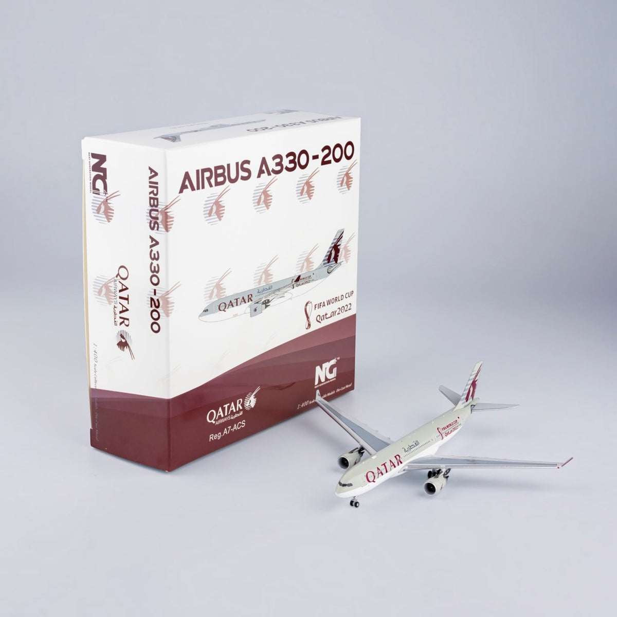 Slice 1:400 scale NG Models Airbus A330-200 diecast aircraft with Qatar Airways FIFA World Cup 2022 livery and box