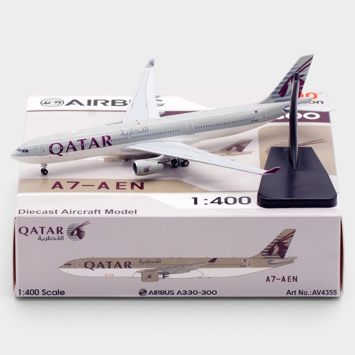 Slice Aviation 400 diecast metal Airbus A330-300 model in Qatar Airways livery with landing gear and display stand