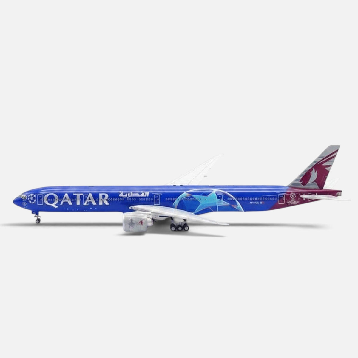 Slice Boeing 777-3DZER Qatar Airways Champion League edition diecast model plane in blue and maroon livery