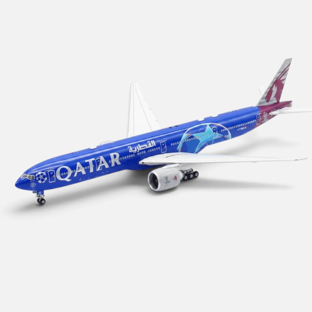 Slice Boeing 777-3DZER Qatar Airways Champion League edition diecast model plane in blue and white livery