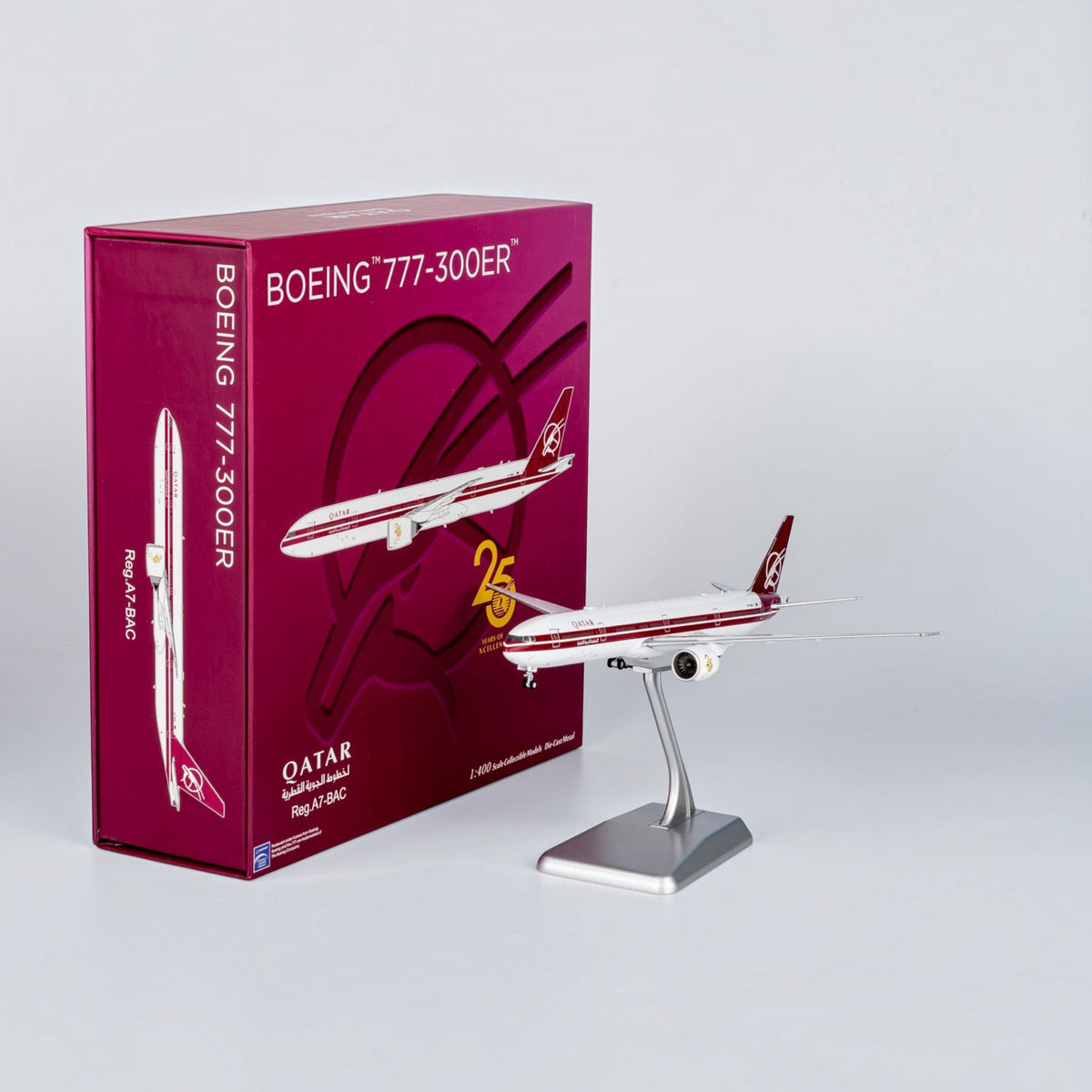 Slice Boeing 777-300ER Qatar Airways 25th anniversary retro livery diecast model aircraft with display stand and box