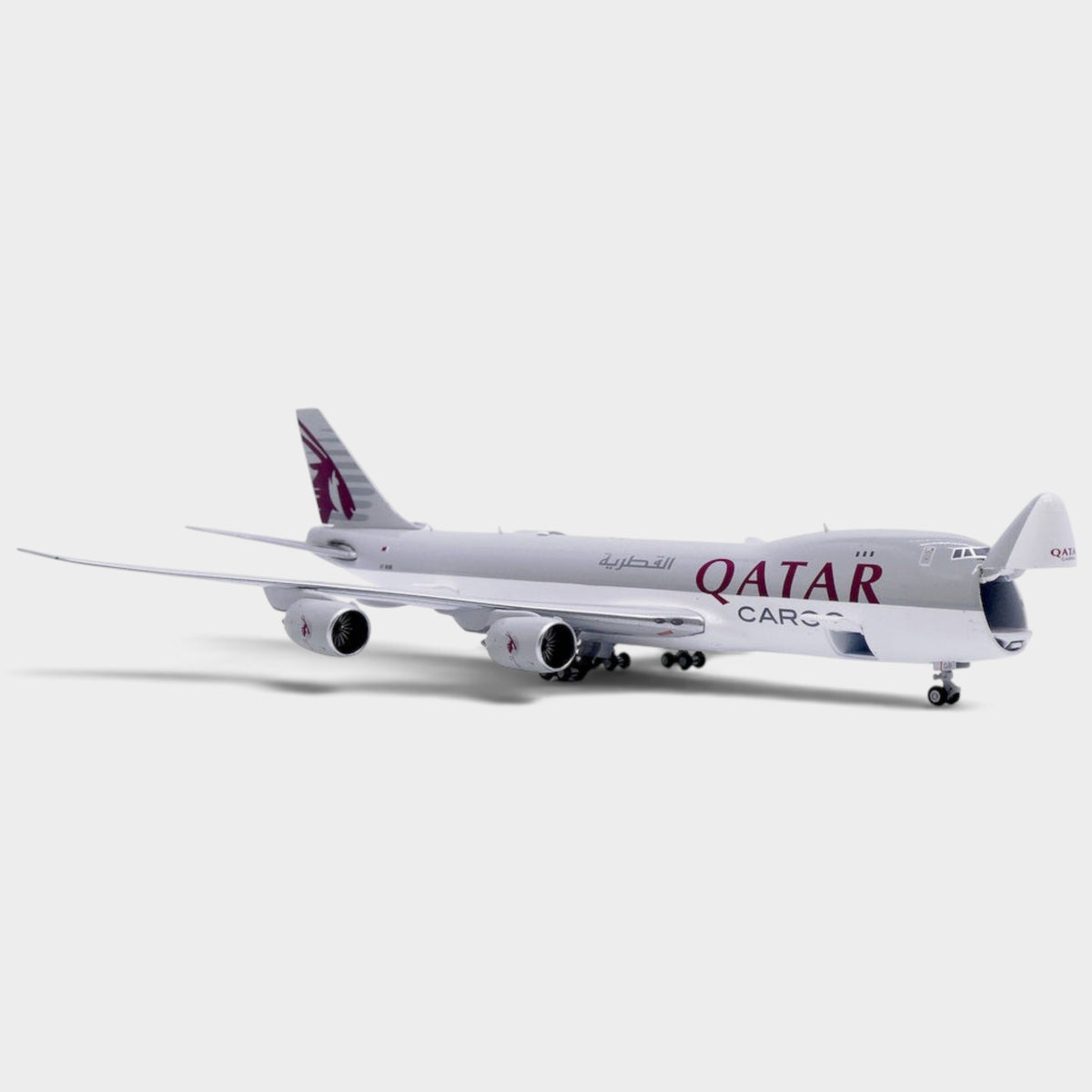 Slice JC Wings 1:400 scale diecast Boeing 747-8F Qatar Airways Cargo model with open nose cargo door