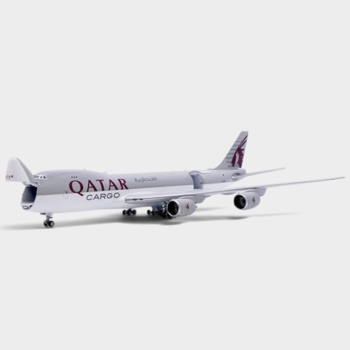 Slice JC Wings 1:400 scale diecast Boeing 747-8F Qatar Airways Cargo model with open nose cargo door