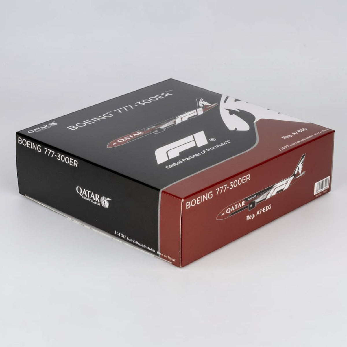 Slice Qatar Airways Boeing 777-300ER Formula 1 die-cast model airplane in a branded collector presentation box