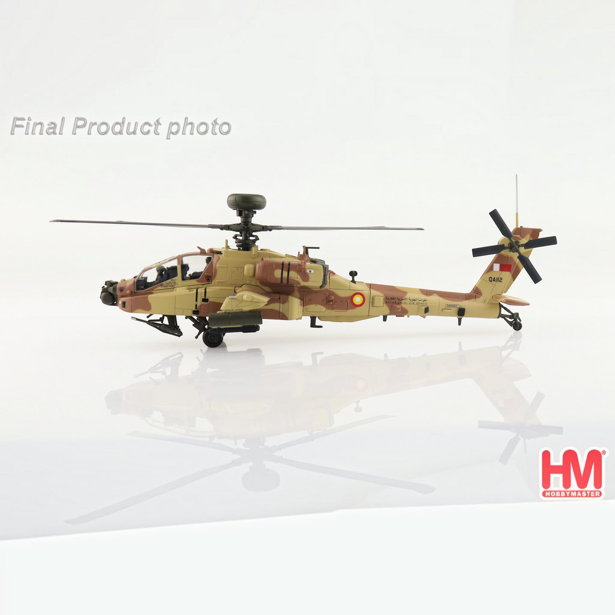 Slice Hobby Master AH-64E Apache Guardian diecast model in Qatar Emiri Air Force desert camouflage livery