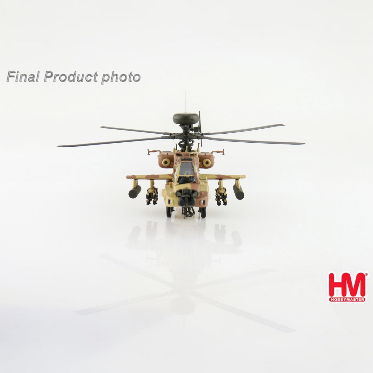 Slice Hobby Master AH-64E Apache Guardian diecast model in Qatar Emiri Air Force desert camouflage, front view