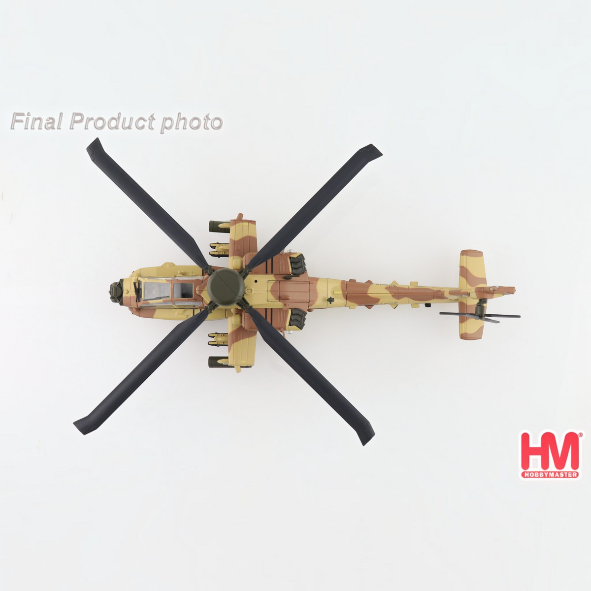 Slice Hobby Master AH-64E Apache Guardian diecast model in Qatar Emiri Air Force desert camouflage, top view.