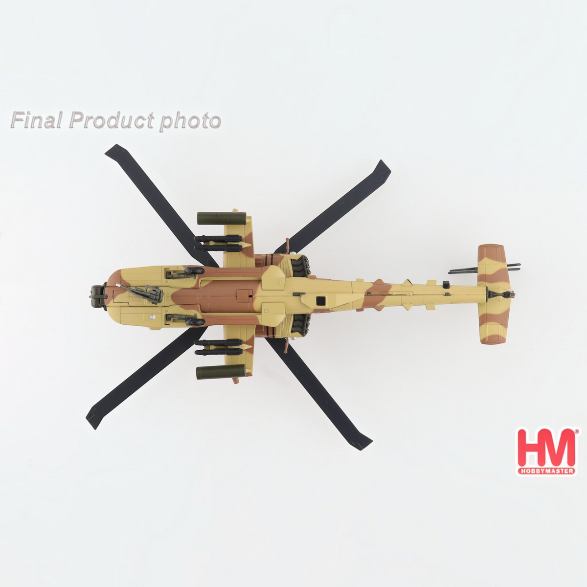 Slice Hobby Master AH-64E Apache Guardian helicopter model in Qatar Emiri Air Force desert camouflage, top view