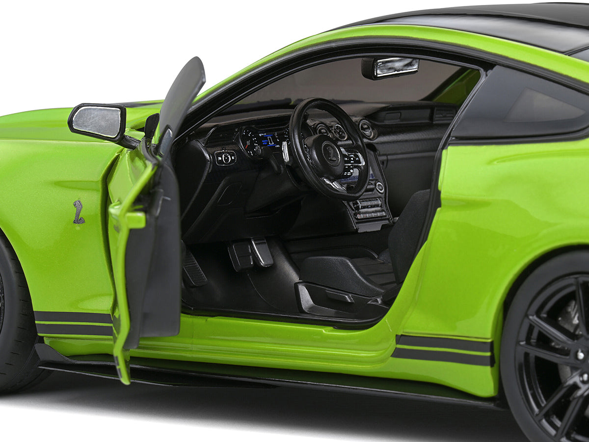 2020 Ford Mustang Shelby GT500 Grabber Lime Green Metallic with Black Top and Stripes 1/18 Diecast Model Car by Solido - view 3