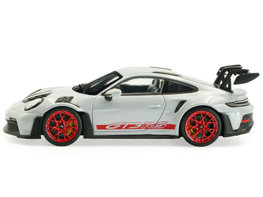 2023 Porsche 911 (992) GT3 RS Ice Gray Metallic with Pyro Red Stripes 1/43 Diecast Model Car by Solido - view 2