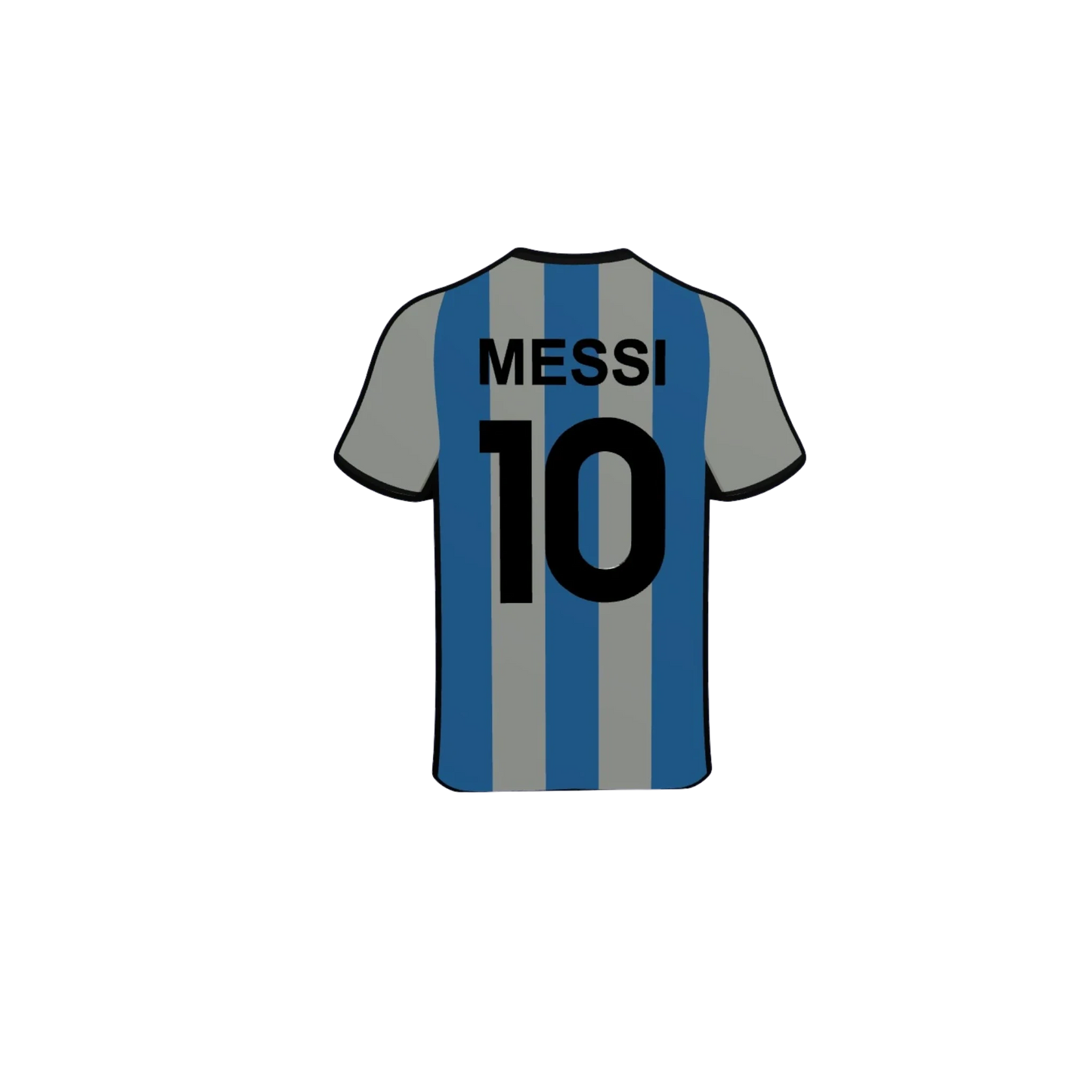 Slice Messi 10 blue and grey striped soccer jersey keychain. Flexible 3D-printed collectible.