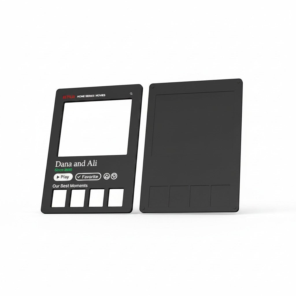 Slice Netflix-inspired black 3D printed photo frame with customizable text and four small photo slots.