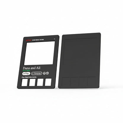 Slice Netflix-inspired black 3D printed photo frame with customizable text and four small photo slots.