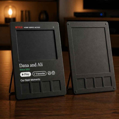 Slice Netflix-inspired black 3D printed photo frame with custom text and icons. Displays "Dana and Ali Since 2020 Our Best Moments".