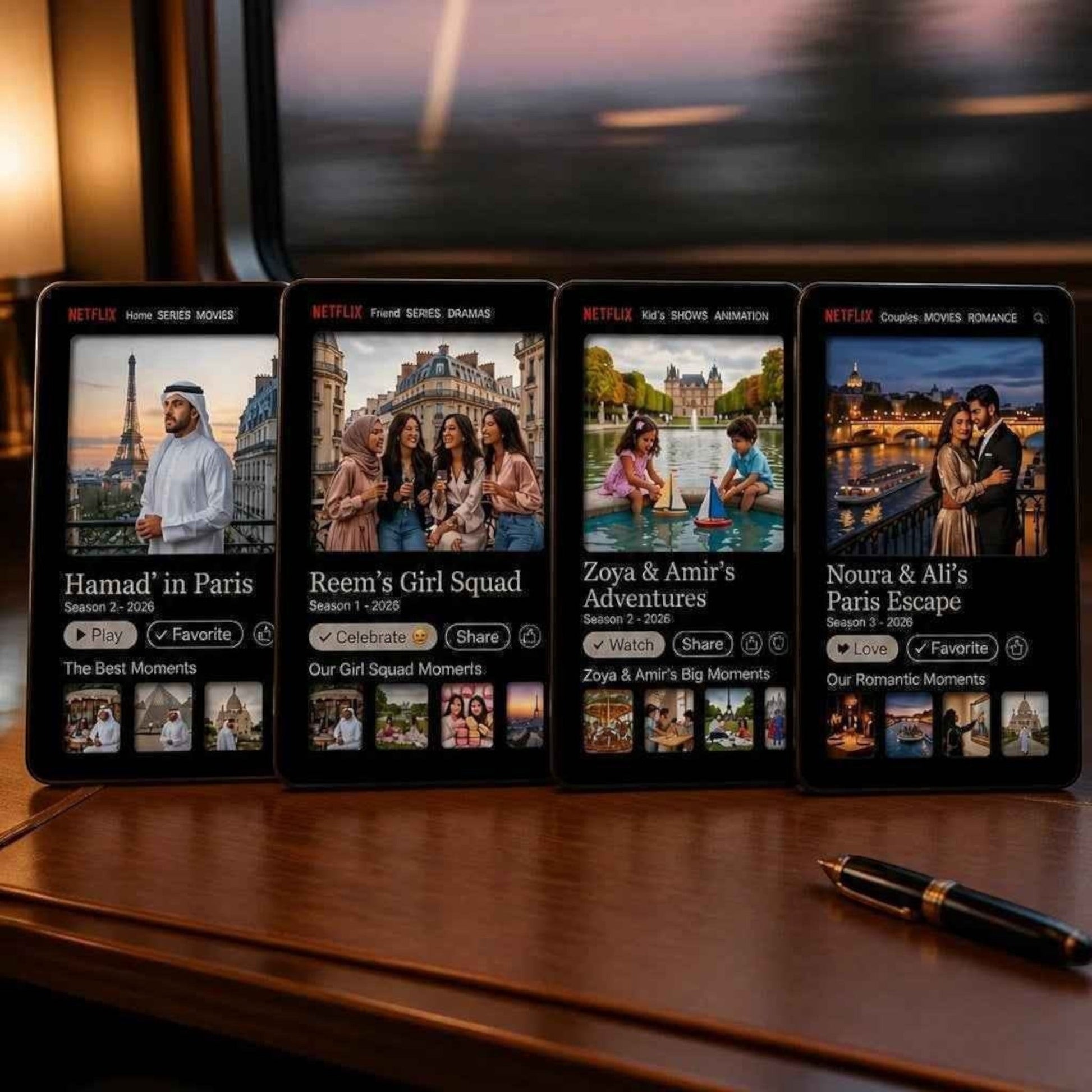 Slice Netflix photo frame displaying custom movie posters with personal photos and titles like "Hamad' in Paris" and "Reem's Girl Squad."