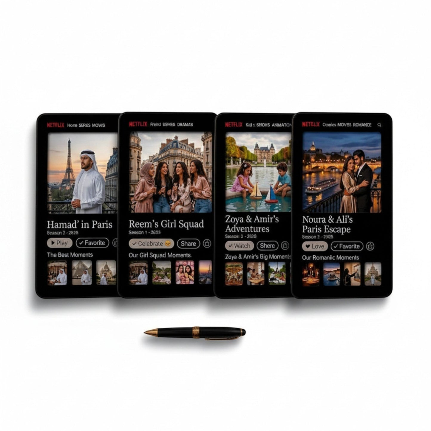 Slice Netflix photo frame with custom movie poster designs for personal memories, featuring a pen.