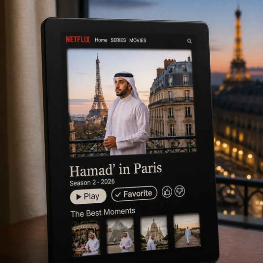 Slice Netflix photo frame with a man in traditional clothing in Paris, customisable for your memories.