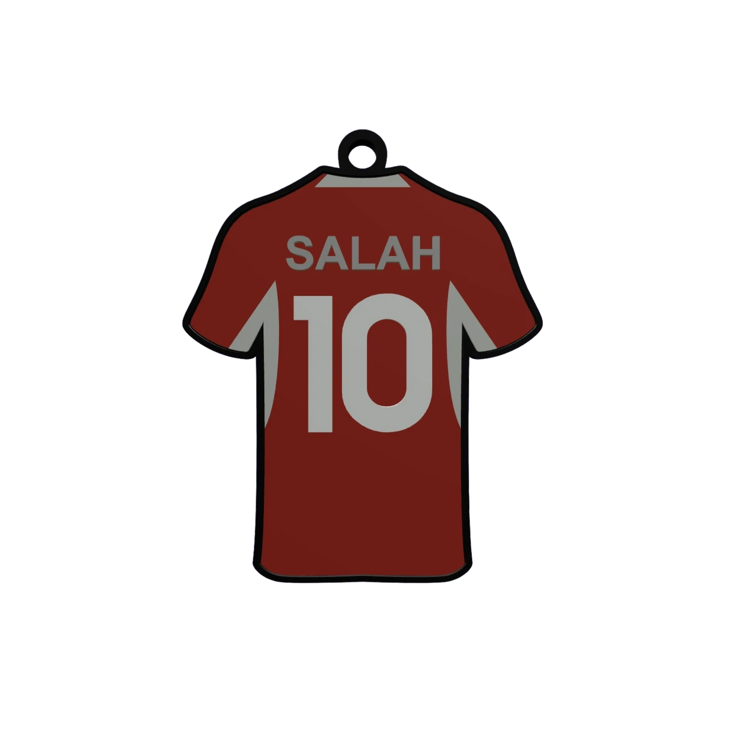 Slice Players keychain featuring a red jersey with "Salah" and "10" in grey. 3D printed.