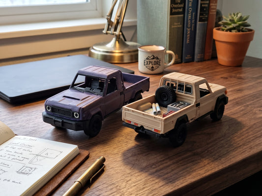 Slice Toyota Pickup single cab model in army green and tan, detailed 3D printed construction, perfect for collectors.