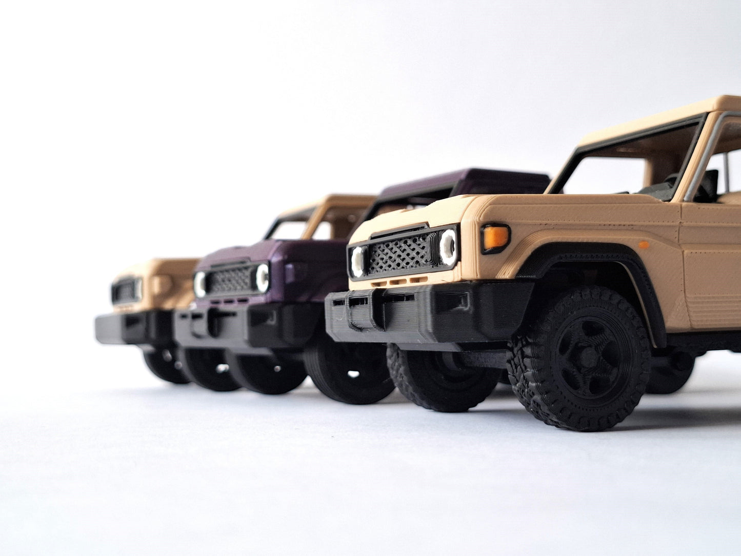 Slice Toyota Pickup Single Cab Army Edition model in tan, purple, and tan. 3D printed, detailed replica.